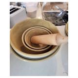 Yellowware Mixing Bowl Set with Blue Bands and Wooden Pastry Roller