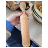 Yellowware Mixing Bowl Set with Blue Bands and Wooden Pastry Roller