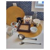 Kitchenware Collection with Coffee Mugs, Glass Bottle, Framed Quote, and Utensils