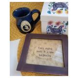 Kitchenware Collection with Coffee Mugs, Glass Bottle, Framed Quote, and Utensils