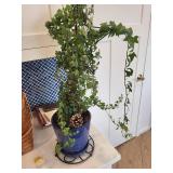 Potted Ivy Plant in Blue Ceramic Planter with Pinecone Accent