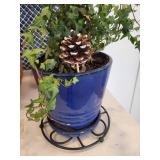 Potted Ivy Plant in Blue Ceramic Planter with Pinecone Accent