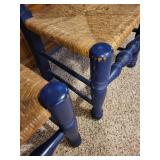 Pair of Blue Ladder Back Wooden Chairs with Woven Rush Seats