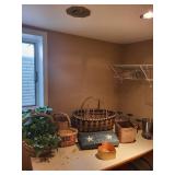 Collection of Decorative Baskets, Faux Plant, Candle Holder, and Glass Vase