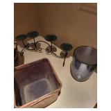 Collection of Decorative Baskets, Faux Plant, Candle Holder, and Glass Vase