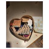Heart Box Collection of Rubber Stamps, Ink Pads, and Letter Tiles