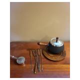 Vintage Fondue Pot Set with Wood Handles and Skewers