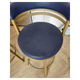 Set of 3 Blue and Gold Swivel Bar Stools with Curved Backs