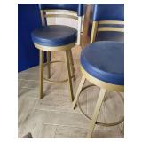 Set of 3 Blue and Gold Swivel Bar Stools with Curved Backs