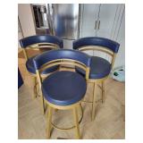 Set of 3 Blue and Gold Swivel Bar Stools with Curved Backs
