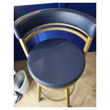 Set of 3 Blue and Gold Swivel Bar Stools with Curved Backs