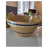 Yellowware Mixing Bowl Set with Blue Bands and Wooden Pastry Roller