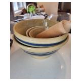 Yellowware Mixing Bowl Set with Blue Bands and Wooden Pastry Roller