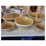 Yellowware Mixing Bowl Set with Blue Bands and Wooden Pastry Roller
