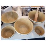 Yellowware Mixing Bowl Set with Blue Bands and Wooden Pastry Roller