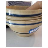 Yellowware Mixing Bowl Set with Blue Bands and Wooden Pastry Roller