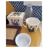 Kitchenware Collection with Coffee Mugs, Glass Bottle, Framed Quote, and Utensils