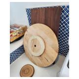 Kohler Walnut Cutting Board and Wooden Lazy Susan with Wood Slice Trivets