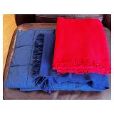 Set of 2 Blankets Blue and Red with Fringe and Decorative Edge