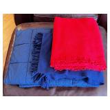 Set of 2 Blankets Blue and Red with Fringe and Decorative Edge