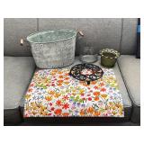 Decorative Homeware Lot with Metal Tub, Glass Vases, Trivet, and Floral Cloth