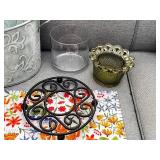 Decorative Homeware Lot with Metal Tub, Glass Vases, Trivet, and Floral Cloth