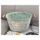 Decorative Homeware Lot with Metal Tub, Glass Vases, Trivet, and Floral Cloth