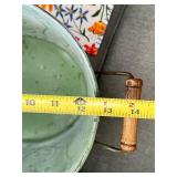 Decorative Homeware Lot with Metal Tub, Glass Vases, Trivet, and Floral Cloth