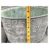 Decorative Homeware Lot with Metal Tub, Glass Vases, Trivet, and Floral Cloth