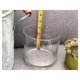 Decorative Homeware Lot with Metal Tub, Glass Vases, Trivet, and Floral Cloth