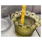 Decorative Homeware Lot with Metal Tub, Glass Vases, Trivet, and Floral Cloth