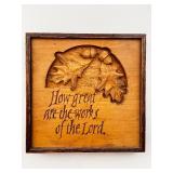 Hand-Carved Wood Plaque with Oak Leaves and Religious Quote