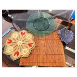 Kitchen Decor and Tableware Lot with Glass Plate, Felt Mat, Bamboo Placemat, and Leaf Dish