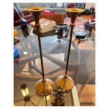 Pair of 14-Inch Brass Taper Candle Holders with Decorative Pine Cone