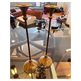 Pair of 14-Inch Brass Taper Candle Holders with Decorative Pine Cone