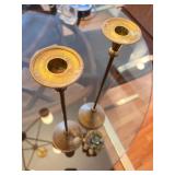 Pair of 14-Inch Brass Taper Candle Holders with Decorative Pine Cone