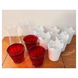 Lot of 8 White Metal Lace Plant Holders, 3 Red Glass Cups, and 2 Clear Glass Vases