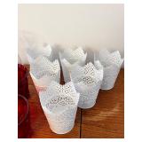 Lot of 8 White Metal Lace Plant Holders, 3 Red Glass Cups, and 2 Clear Glass Vases