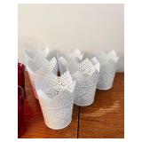 Lot of 8 White Metal Lace Plant Holders, 3 Red Glass Cups, and 2 Clear Glass Vases