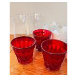 Lot of 8 White Metal Lace Plant Holders, 3 Red Glass Cups, and 2 Clear Glass Vases