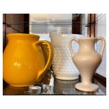 Collection of 3 Decorative Creamers and Vases with Yellow and White Designs