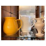 Collection of 3 Decorative Creamers and Vases with Yellow and White Designs