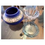 Set of 3 Decorative Bowls: Blue Art Pottery, Clear Glass, and Aqua Glass