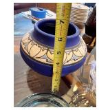 Set of 3 Decorative Bowls: Blue Art Pottery, Clear Glass, and Aqua Glass