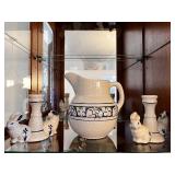 Blue and White Crackle Glaze Ceramic Pitcher and Bunny Candlestick Holders Set