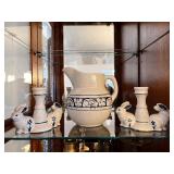 Blue and White Crackle Glaze Ceramic Pitcher and Bunny Candlestick Holders Set