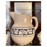 Blue and White Crackle Glaze Ceramic Pitcher and Bunny Candlestick Holders Set