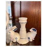 Blue and White Crackle Glaze Ceramic Pitcher and Bunny Candlestick Holders Set