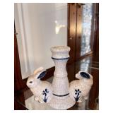 Blue and White Crackle Glaze Ceramic Pitcher and Bunny Candlestick Holders Set