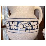 Blue and White Crackle Glaze Ceramic Pitcher and Bunny Candlestick Holders Set